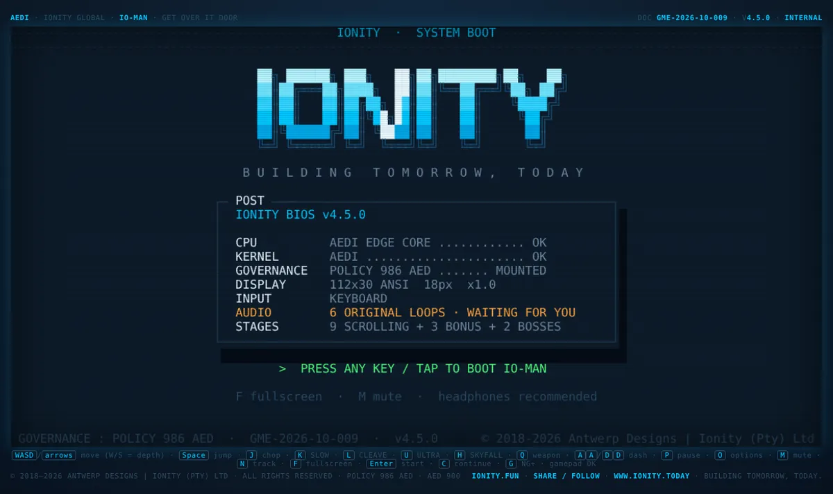 IO-MAN boot screen on ionity.fun: Ionity system boot, press any key to boot IO-MAN