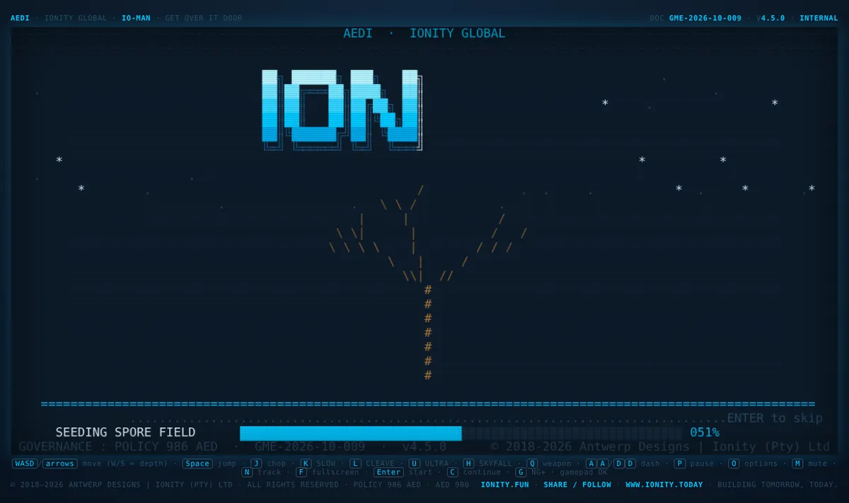 IO-MAN loading a stage: ASCII tree and the seeding spore field progress bar